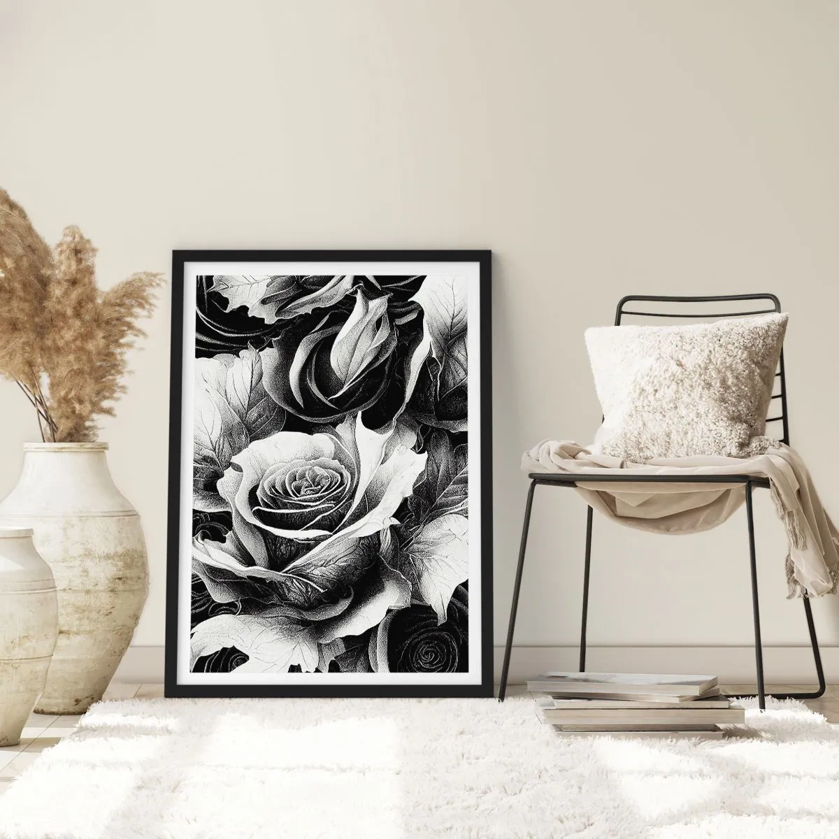 Affiche dans un cadre noir - Poster - Une composition en noir et blanc de roses avec un clair-obscur expressif - 50x70cm - Toujours une reine - Décoration murale moderne pour le salon et la chambre ARTTOR