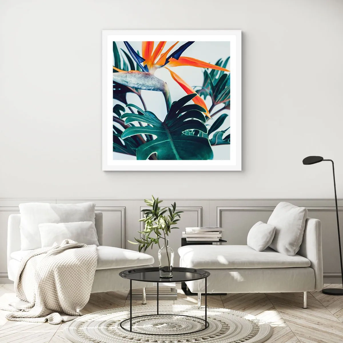 Affiche dans un cadre blanc - Poster - Le buisson oiseaux - 60x60 cm