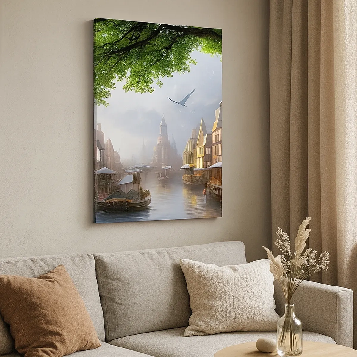Impression sur toile - Image sur toile - Un paysage hollandais pittoresque avec un canal et des maisons de rapport - 50x70cm - Paysage urbain néerlandais - Décoration murale moderne pour le salon et la chambre ARTTOR