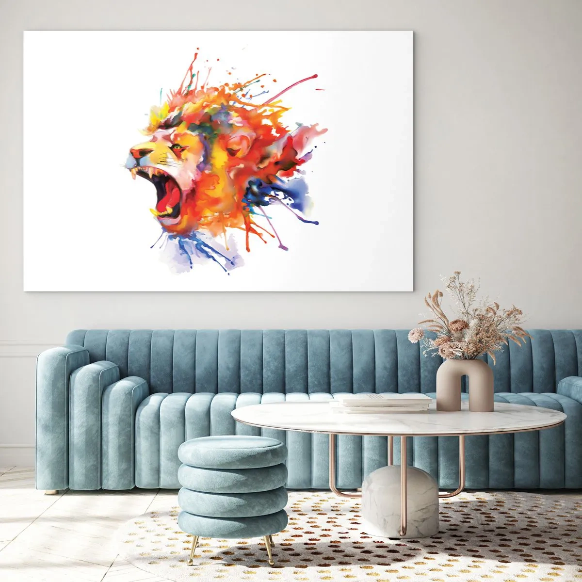 Impression sur verre - Image sur verre - Lion coloré dans un style aquarelle sur fond blanc - 120x80cm - exploser de colère - Décoration murale moderne pour le salon et la chambre ARTTOR