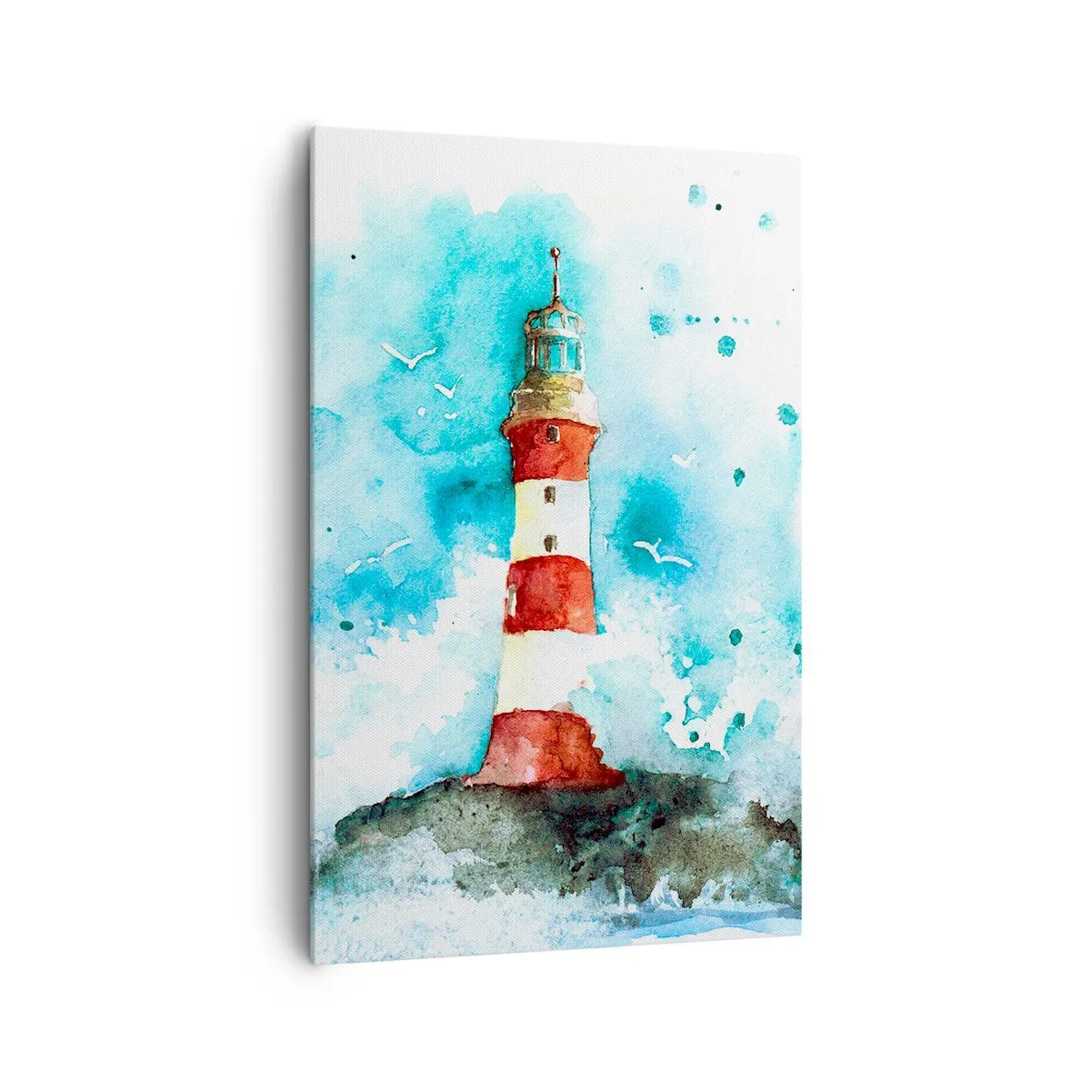 Impression sur toile - Image sur toile - Un phare dans un décor aquarelle sur fond bleu - 80x120cm - Unité des éléments - Décoration murale moderne pour le salon et la chambre ARTTOR