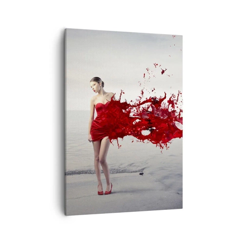 Impression sur toile - Image sur toile - Une femme en robe rouge dans une composition artistique au bord de l'eau - 50x70cm - Passionné comme l'écarlate - Décoration murale moderne pour le salon et la chambre ARTTOR