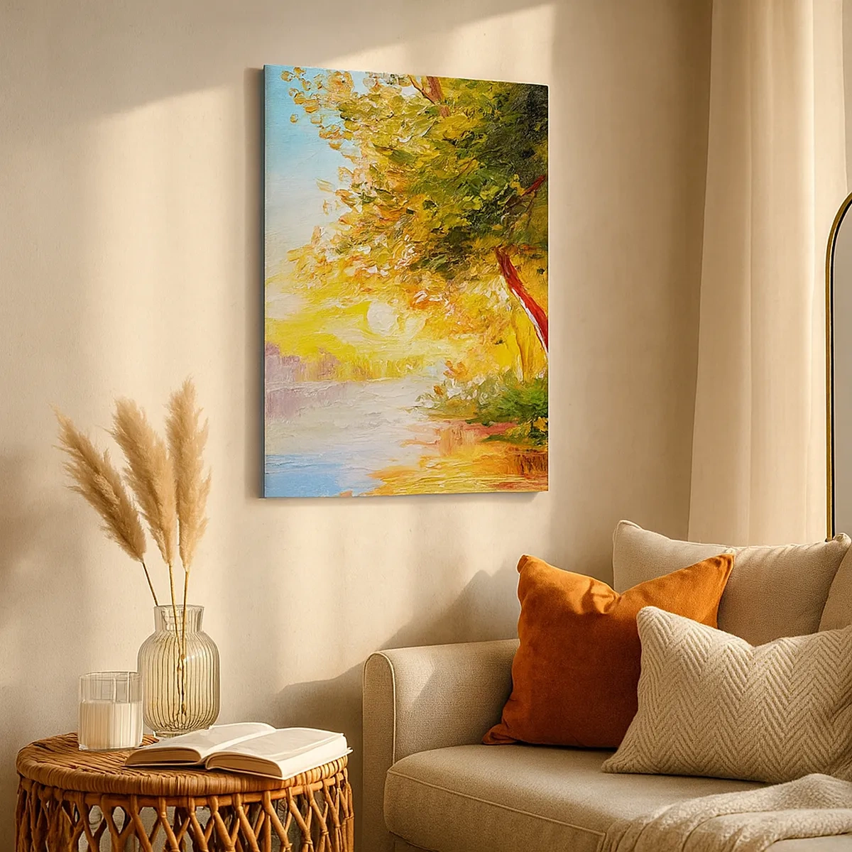 Impression sur toile - Image sur toile - Un paysage pittoresque avec une rivière et des arbres au coucher du soleil - 50x70cm - Et in Arcadia ego - Décoration murale moderne pour le salon et la chambre ARTTOR