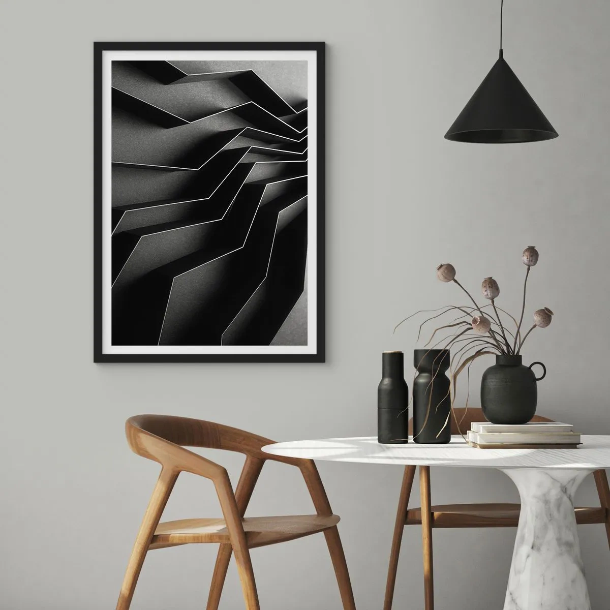 Affiche dans un cadre noir - Poster - Une composition en noir et blanc de structures géométriques et spatiales - 50x70cm - Ordre spatial - Décoration murale moderne pour le salon et la chambre ARTTOR