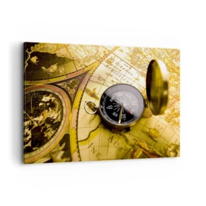Impression sur toile - Image sur toile - Une boussole antique sur fond d'une vieille carte du monde - 100x70cm - Ou peut-être jusqu'au bout du monde ? - Décoration murale moderne pour le salon et la chambre ARTTOR