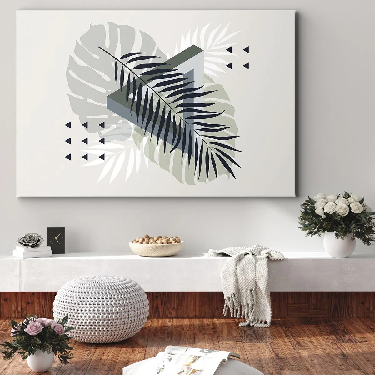 Impression sur toile - Image sur toile - Composition géométrique avec des feuilles tropicales dans des tons verts - 100x70cm - Nature et géométrie - deux odres? - Décoration murale moderne pour le salon et la chambre ARTTOR