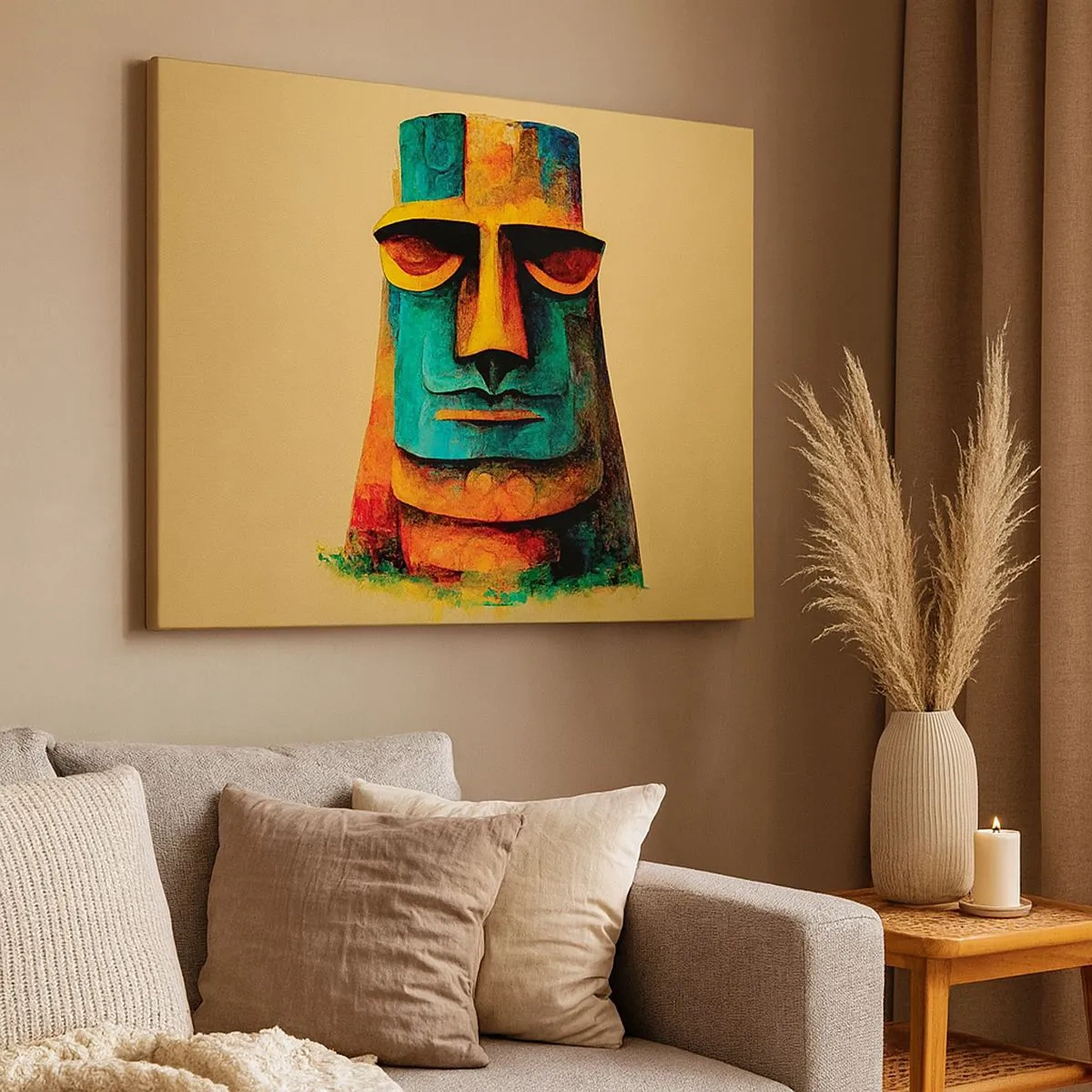 Impression sur toile - Image sur toile - Statue colorée de l'île de Pâques - 70x50cm - Statuesque et sympathique - Décoration murale moderne pour le salon et la chambre ARTTOR