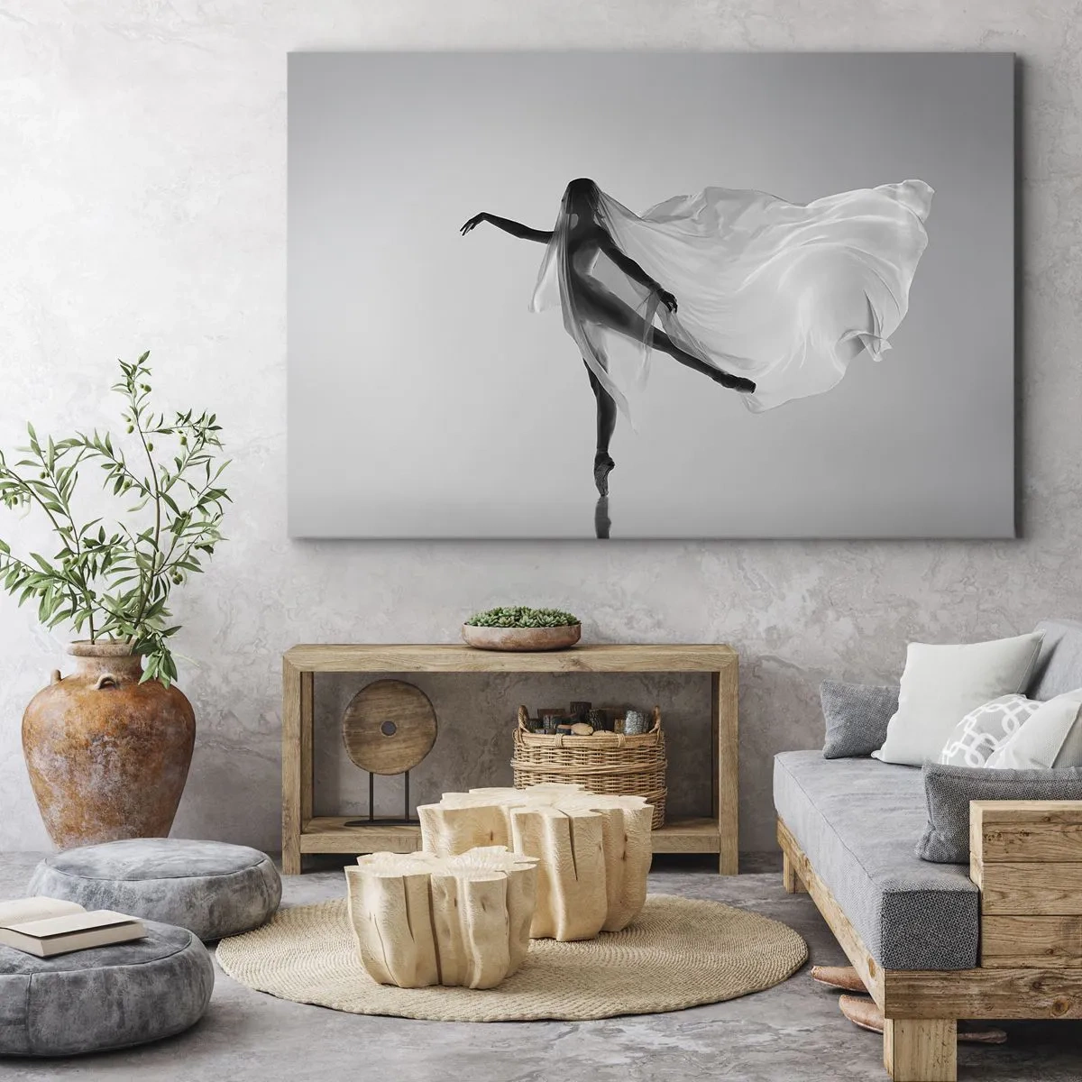 Impression sur toile - Image sur toile - Une danseuse dans une pose éthérée avec un tissu fluide - 100x70cm - Légèreté et grâce - Décoration murale moderne pour le salon et la chambre ARTTOR