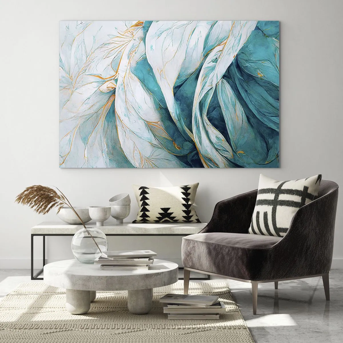 Impression sur verre - Image sur verre - Abstraction organique en lignes bleues et dorées - 70x50cm - Abstraction bleue avec un motif doré - Décoration murale moderne pour le salon et la chambre ARTTOR