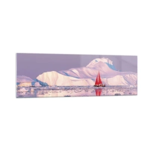 Impression sur verre - Image sur verre - Une voile rouge sur fond de montagnes glacées et de pleine lune. - 160x50cm - La chaleur de la voile, le froid de la glace - Décoration murale moderne pour le salon et la chambre ARTTOR