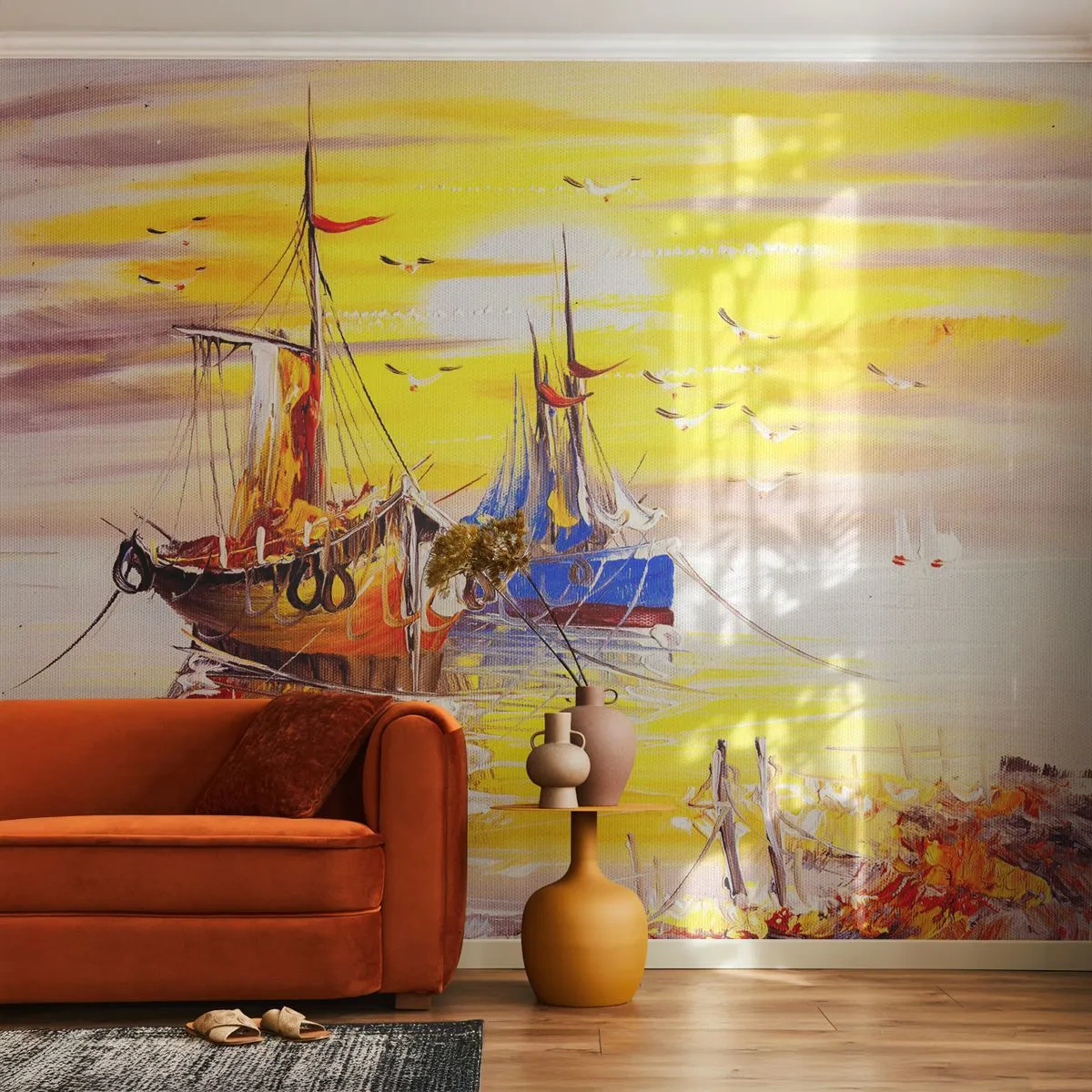 Papier Peint Autocollant Deluxe Sticker - Un repos bien mérité au port - Bateau de pêche, Pêche, Des oiseaux - 250x175 cm
