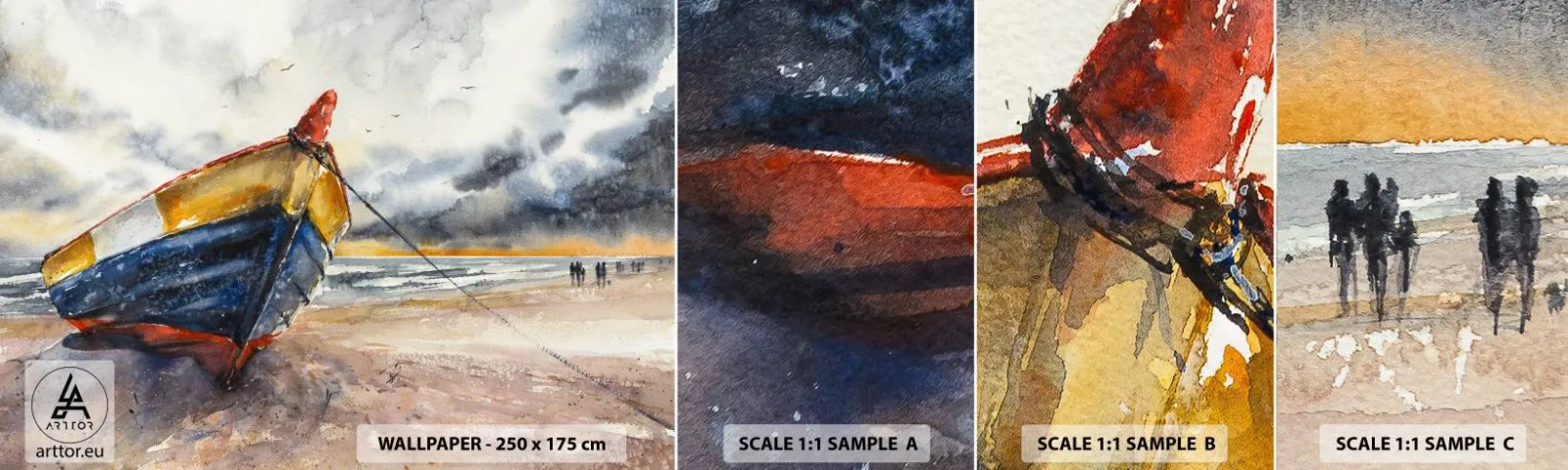 Échantillon De Papier Peint Standard Eco - Repos sur le rivage - Paysage, Bateau, Bord de mer - 100x30 cm