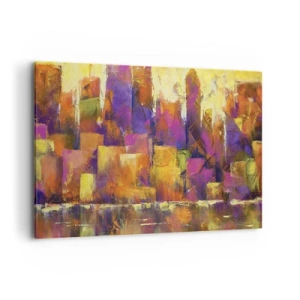 Impression sur toile - Image sur toile - Composition abstraite d'une métropole dans les tons jaune et violet - 120x80cm - Composition métropolitaine - Décoration murale moderne pour le salon et la chambre ARTTOR