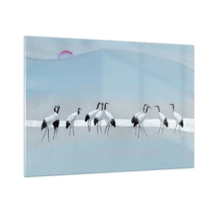 Impression sur verre - Image sur verre - Un groupe de grues sur fond de montagnes bleues et d'un coucher de soleil - 100x70cm - Après une chaude journée - Décoration murale moderne pour le salon et la chambre ARTTOR