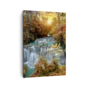 Impression sur toile - Image sur toile - Cascade d'automne entourée d'arbres colorés au soleil - 50x70cm - Trésor caché de la forêt - Décoration murale moderne pour le salon et la chambre ARTTOR