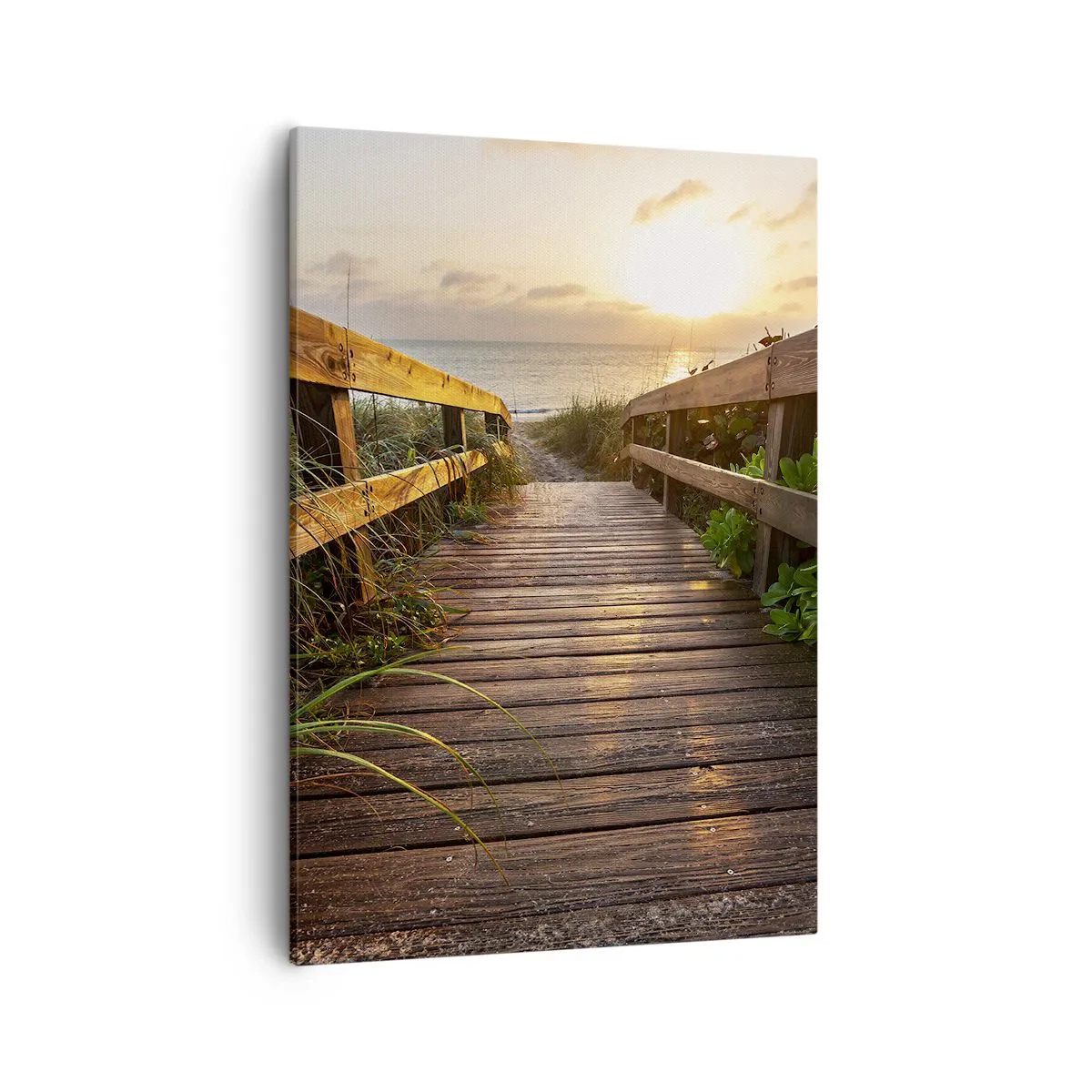 Impression sur toile - Image sur toile - Jetée en bois menant à la plage au coucher du soleil - 50x70cm - Tout droit vers le rivage - Décoration murale moderne pour le salon et la chambre ARTTOR