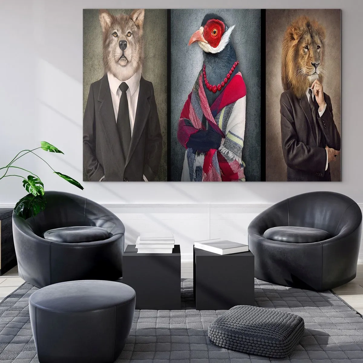 Impression sur verre - Image sur verre - Trois animaux en vêtements élégants sur un fond stylisé - 120x80cm - Qu'est ce que je fais ici?! - Décoration murale moderne pour le salon et la chambre ARTTOR