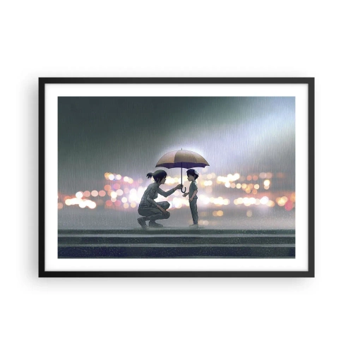 Affiche dans un cadre noir - Poster - Une silhouette avec un parapluie protégeant un enfant sur fond de lumières nocturnes. - 70x50cm - Et maintenant, tout va bien - Décoration murale moderne pour le salon et la chambre ARTTOR