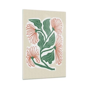 Impression sur verre - Image sur verre - Un dessin de fleurs dans un style minimaliste avec des feuilles vertes - 70x100cm - Folk et moderne - Décoration murale moderne pour le salon et la chambre ARTTOR