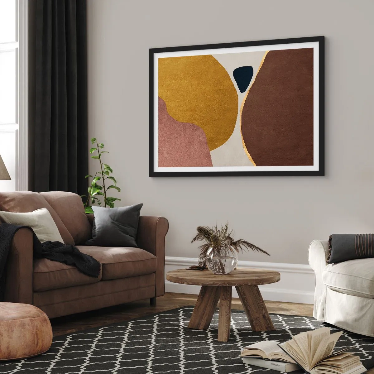 Affiche dans un cadre noir - Poster - Une composition abstraite avec des formes géométriques aux couleurs chaudes. - 70x50cm - L'abstraction – une place dans l'espace - Décoration murale moderne pour le salon et la chambre ARTTOR