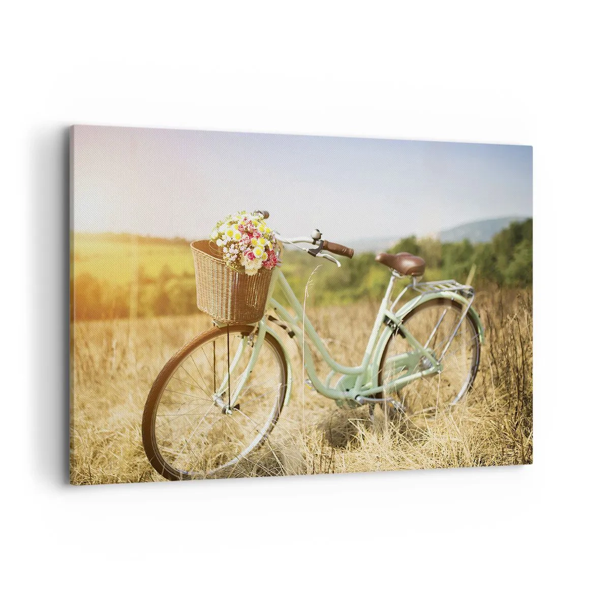 Impression sur toile - Image sur toile - Un vélo rétro avec un panier rempli de fleurs sur fond de prairie. - 100x70cm - Je vais rester un petit moment - Décoration murale moderne pour le salon et la chambre ARTTOR