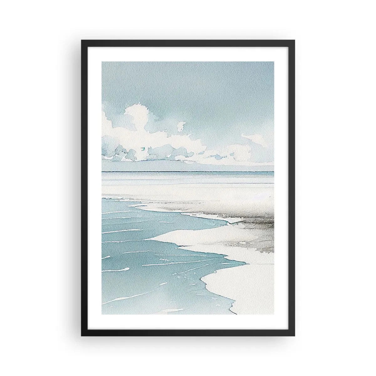 Affiche dans un cadre noir - Poster - Paysage de bord de mer à l'aquarelle dans des tons pastel - 50x70cm - Marée douce - Décoration murale moderne pour le salon et la chambre ARTTOR