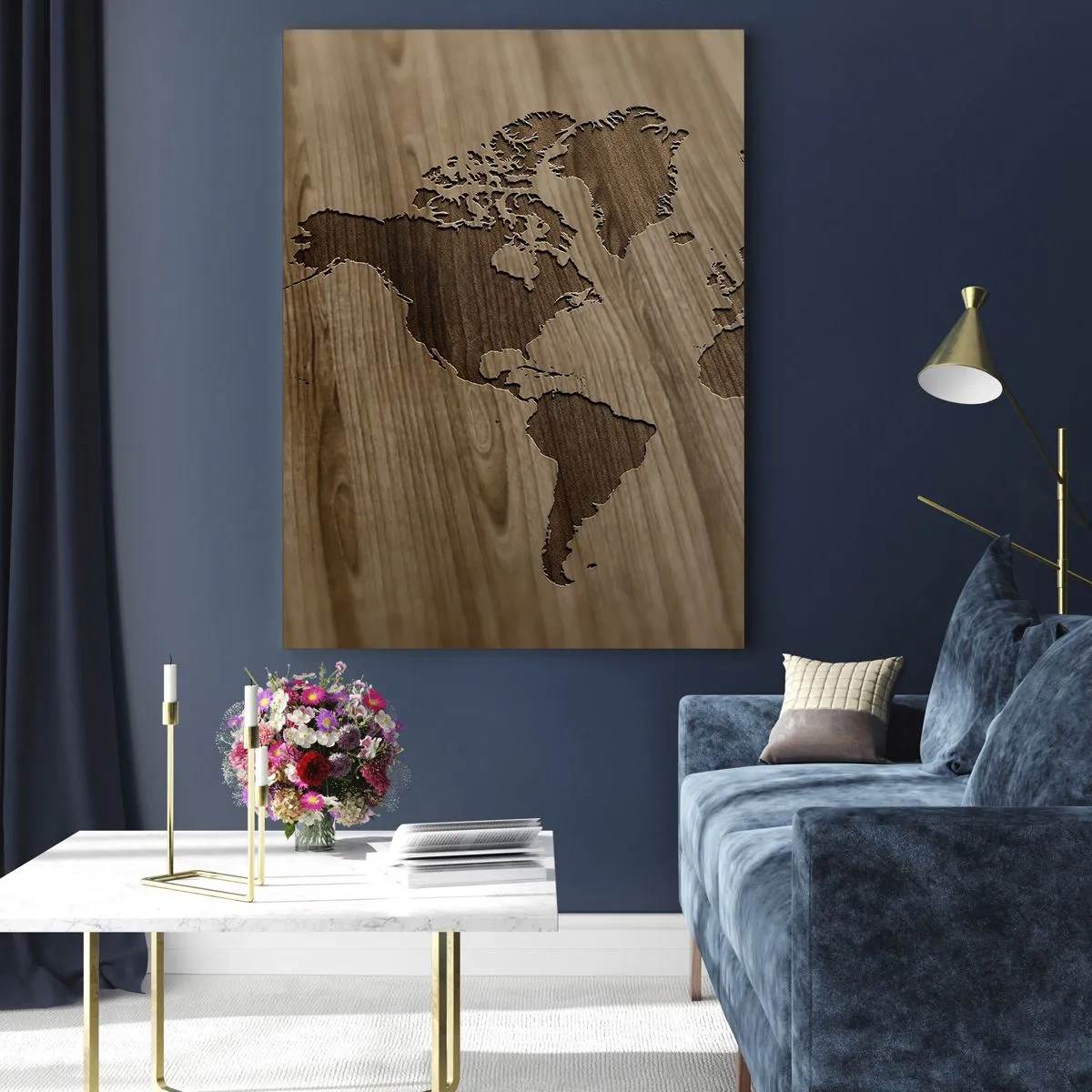 Impression sur verre - Image sur verre - Une carte du monde découpée dans une surface en bois - 50x70cm - Le monde est sur la table - Décoration murale moderne pour le salon et la chambre ARTTOR