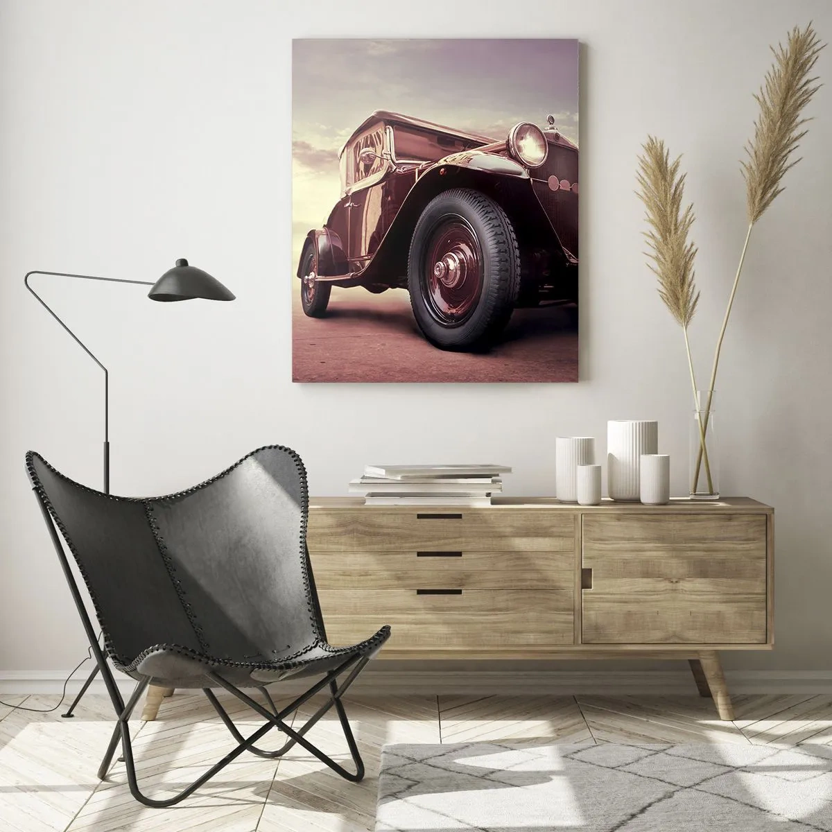 Impression sur verre - Image sur verre - Une voiture vintage au style classique contre le ciel - 80x120cm - Revenons au bon vieux temps... - Décoration murale moderne pour le salon et la chambre ARTTOR