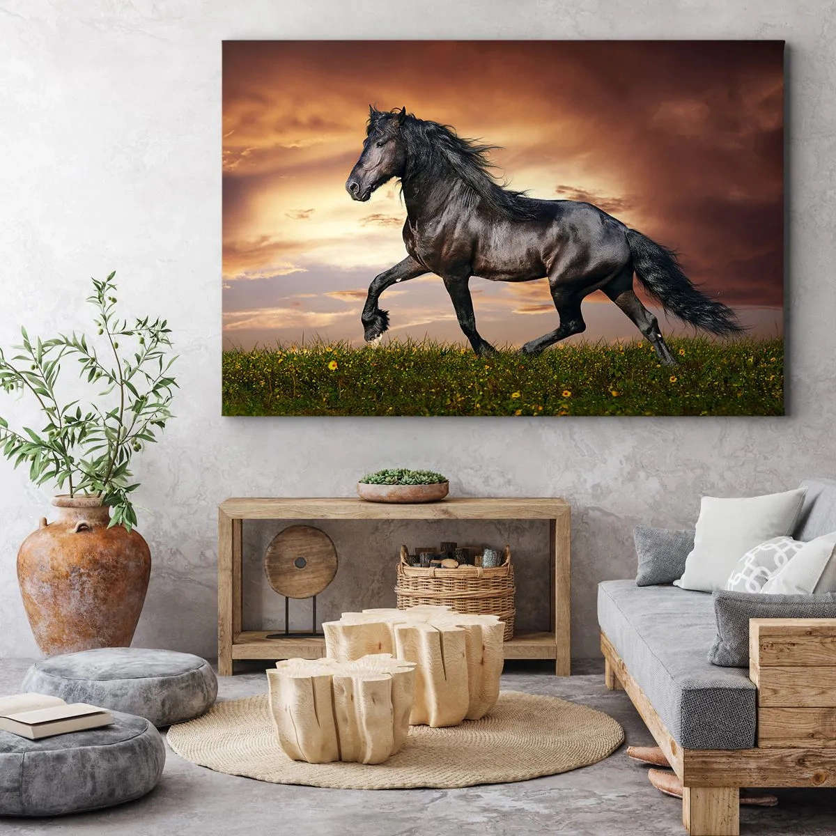 Impression sur toile - Image sur toile - Un cheval noir galopant contre le soleil couchant - 100x70cm - Livres noirs - Décoration murale moderne pour le salon et la chambre ARTTOR