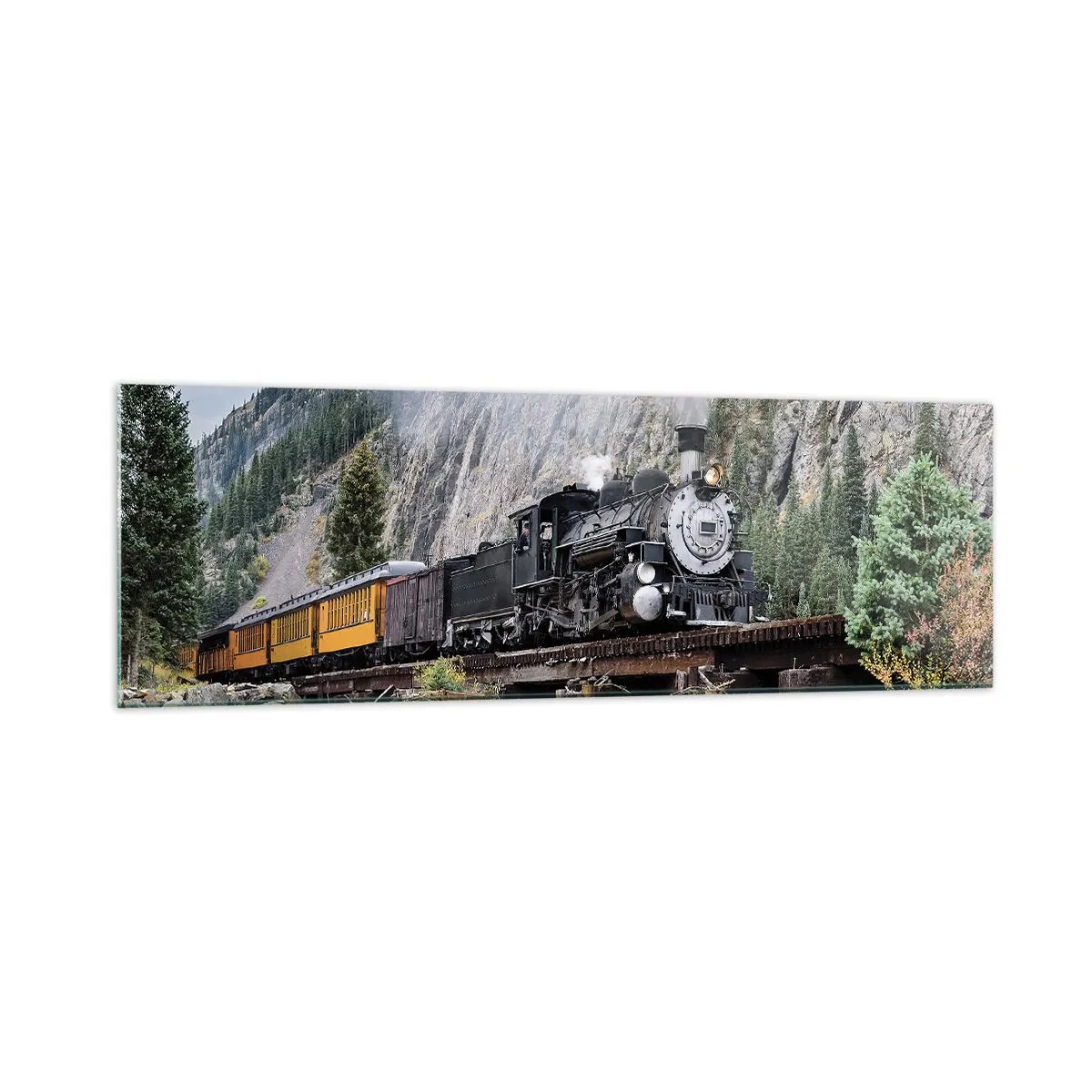 Impression sur verre - Image sur verre - Une locomotive à vapeur sur un pont dans un paysage de montagne pittoresque - 160x50cm - Et lui jusqu'où? Jusqu'où? - Décoration murale moderne pour le salon et la chambre ARTTOR