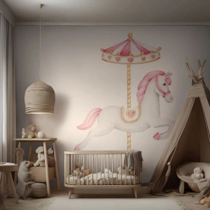 Papier Peint Photo Premium Sand - Un cheval blanc sur un carrousel aux couleurs roses - 100x70cm - Les sabots en avant - Décoration murale moderne pour le salon et la chambre ARTTOR