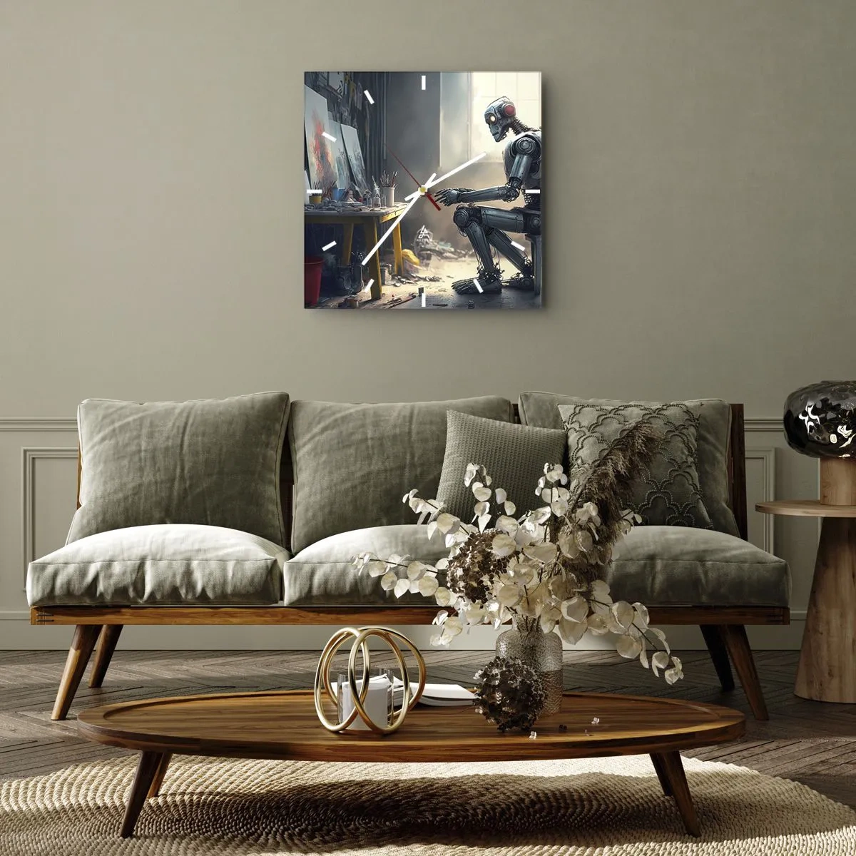 Horloge murale - Pendule murale - Un robot peignant un tableau dans un atelier d'art - 30x30cm - L'acte de création - Décoration murale moderne pour le salon et la chambre ARTTOR