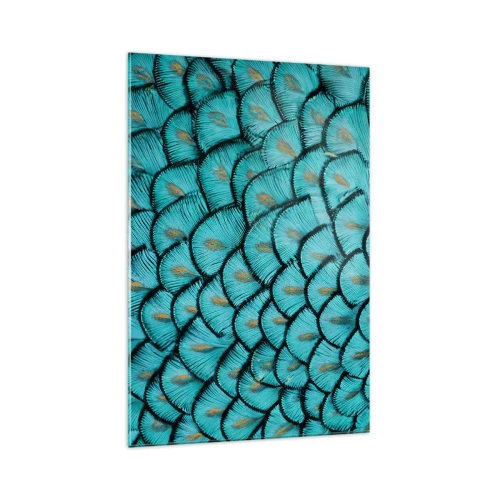 Impression sur verre - Image sur verre - Un motif ressemblant à des écailles turquoise avec des accents dorés - 70x100cm - Le grand gala des plumes - Décoration murale moderne pour le salon et la chambre ARTTOR