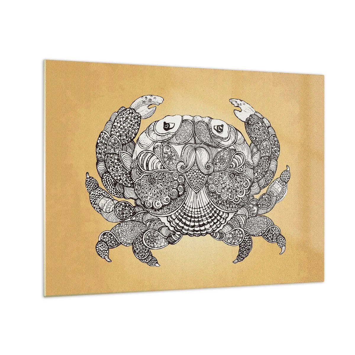 Impression sur verre - Image sur verre - Dessin stylisé d'un crabe avec des ornements sur fond jaune - 70x50cm - Les contes de M. Crabe - Décoration murale moderne pour le salon et la chambre ARTTOR