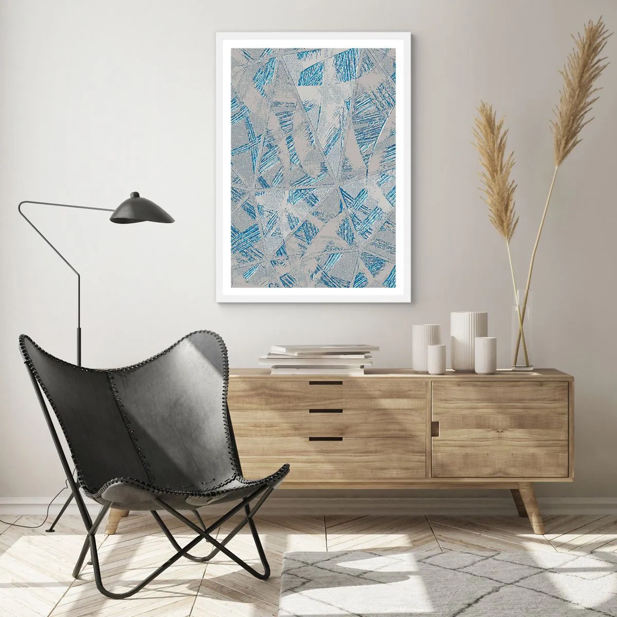 Affiche dans un cadre blanc - Poster - Dans un labyrinthe bleu-gris - 50x70 cm
