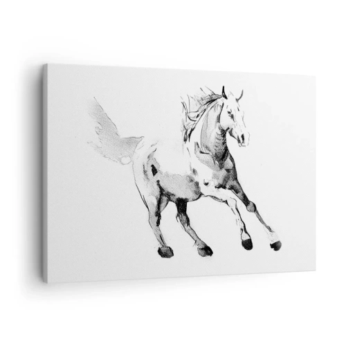 Impression sur toile - Image sur toile - Croquis d'un cheval au galop dans des tons de noir et blanc - 70x50cm - Âme indomptée - Décoration murale moderne pour le salon et la chambre ARTTOR