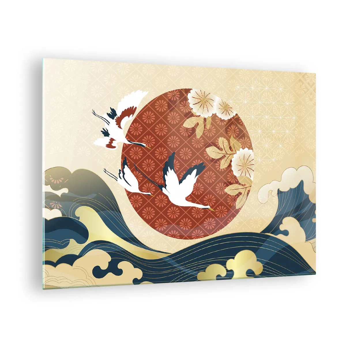 Impression sur verre - Image sur verre - Grues japonaises au-dessus des vagues sur un cercle rouge - 70x50cm - Conte japonnais - Décoration murale moderne pour le salon et la chambre ARTTOR
