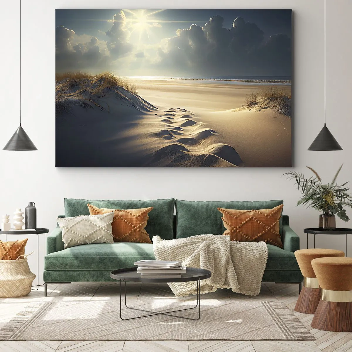 Impression sur toile - Image sur toile - Dunes dorées sur la plage au coucher du soleil avec vue sur la mer - 100x70cm - Un paysage apaisant - Décoration murale moderne pour le salon et la chambre ARTTOR