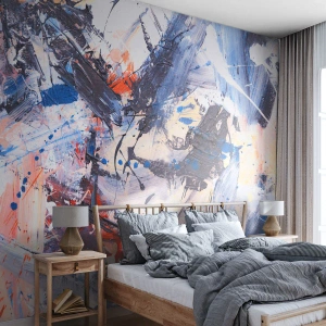 Papier Peint Photo Premium Sand - Abstraction dynamique dans les tons de bleu, noir et orange - 100x70cm - La danse folle de l'abstrait - Décoration murale moderne pour le salon et la chambre ARTTOR