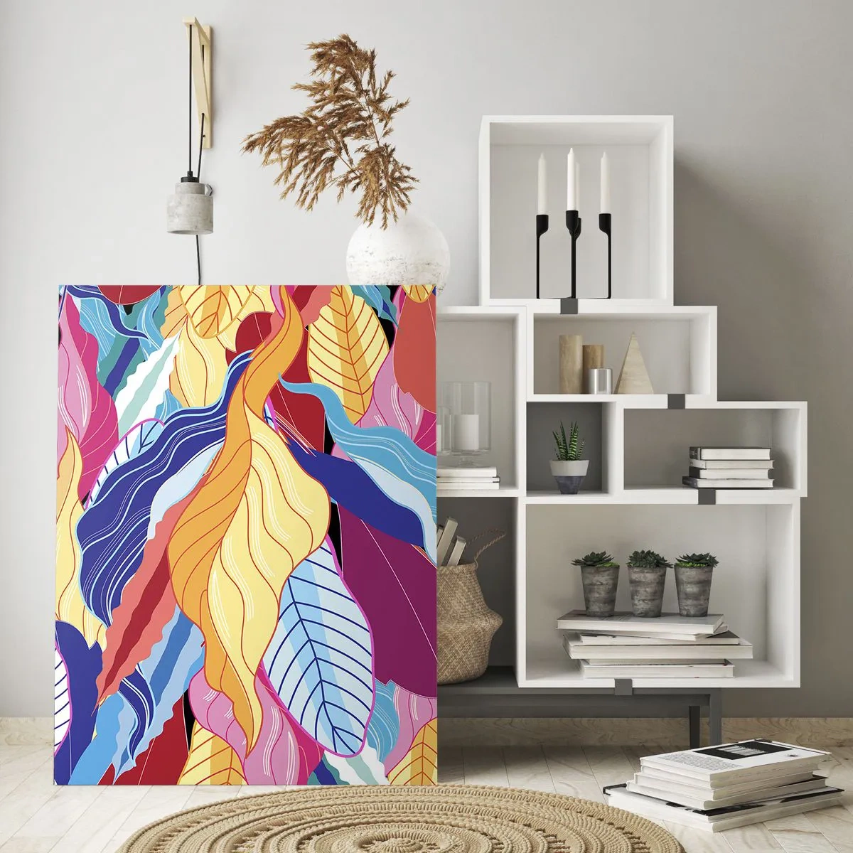 Impression sur verre - Image sur verre - Des feuilles aux couleurs vives créent une composition dynamique - 70x100cm - Un désordre coloré - Décoration murale moderne pour le salon et la chambre ARTTOR