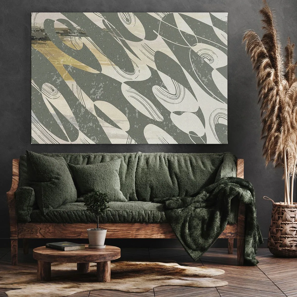 Impression sur toile - Image sur toile - Formes dynamiques dans des tons de vert et d'or - 100x70cm - Abstraction rythmique - Décoration murale moderne pour le salon et la chambre ARTTOR