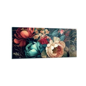 Impression sur verre - Image sur verre - Une composition colorée de fleurs sur un fond sombre - 120x50cm - le charme du 19ème siècle - Décoration murale moderne pour le salon et la chambre ARTTOR