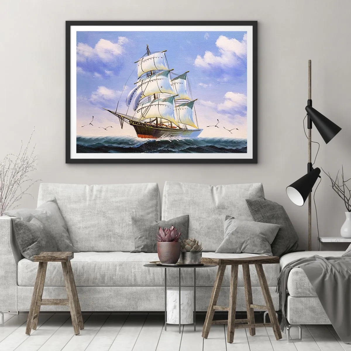 Affiche dans un cadre noir - Poster - Un voilier en pleine mer sous un ciel bleu - 70x50cm - Fièrement avec le vent - Décoration murale moderne pour le salon et la chambre ARTTOR