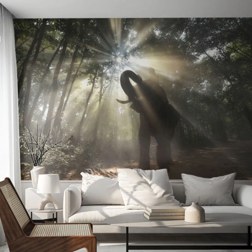 Papier Peint Photo Premium Sand - Un éléphant se prélassant au soleil dans une forêt tropicale - 100x70cm - Sous la bonne étoile - Décoration murale moderne pour le salon et la chambre ARTTOR