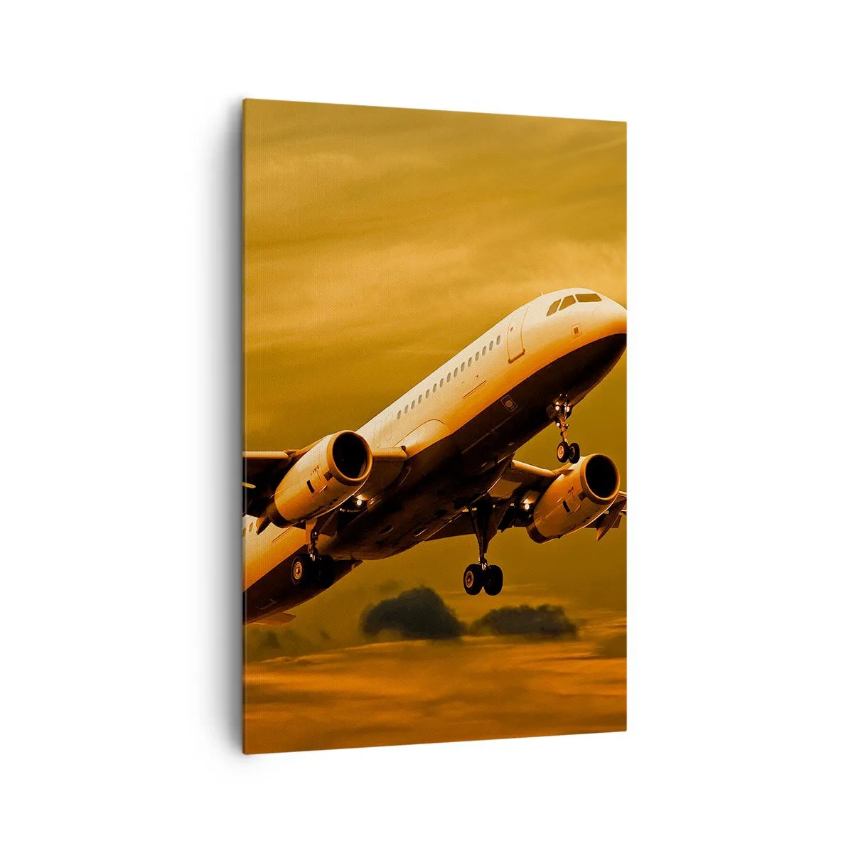 Impression sur toile - Image sur toile - Un avion de ligne décollant sous un ciel de coucher de soleil doré. - 80x120cm - Vol vers le soleil - Décoration murale moderne pour le salon et la chambre ARTTOR