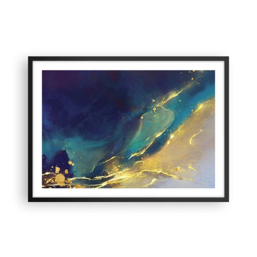 Affiche dans un cadre noir - Poster - Composition abstraite dans les tons bleu et or sur toile - 70x50cm - Coulée d'or - Décoration murale moderne pour le salon et la chambre ARTTOR