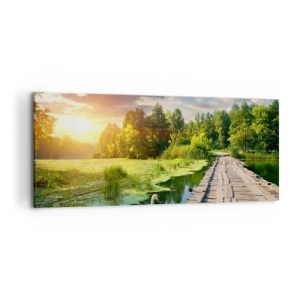 Impression sur toile - Image sur toile - Un paysage pittoresque avec un pont et un cygne - 120x50cm - L'été, l'été partout - Décoration murale moderne pour le salon et la chambre ARTTOR