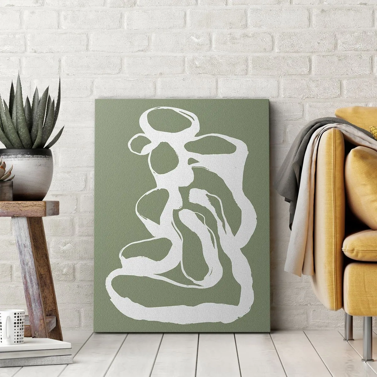 Impression sur toile - Image sur toile - Formes organiques en blanc sur fond vert - 50x70cm - L'appel de l'espace - Décoration murale moderne pour le salon et la chambre ARTTOR