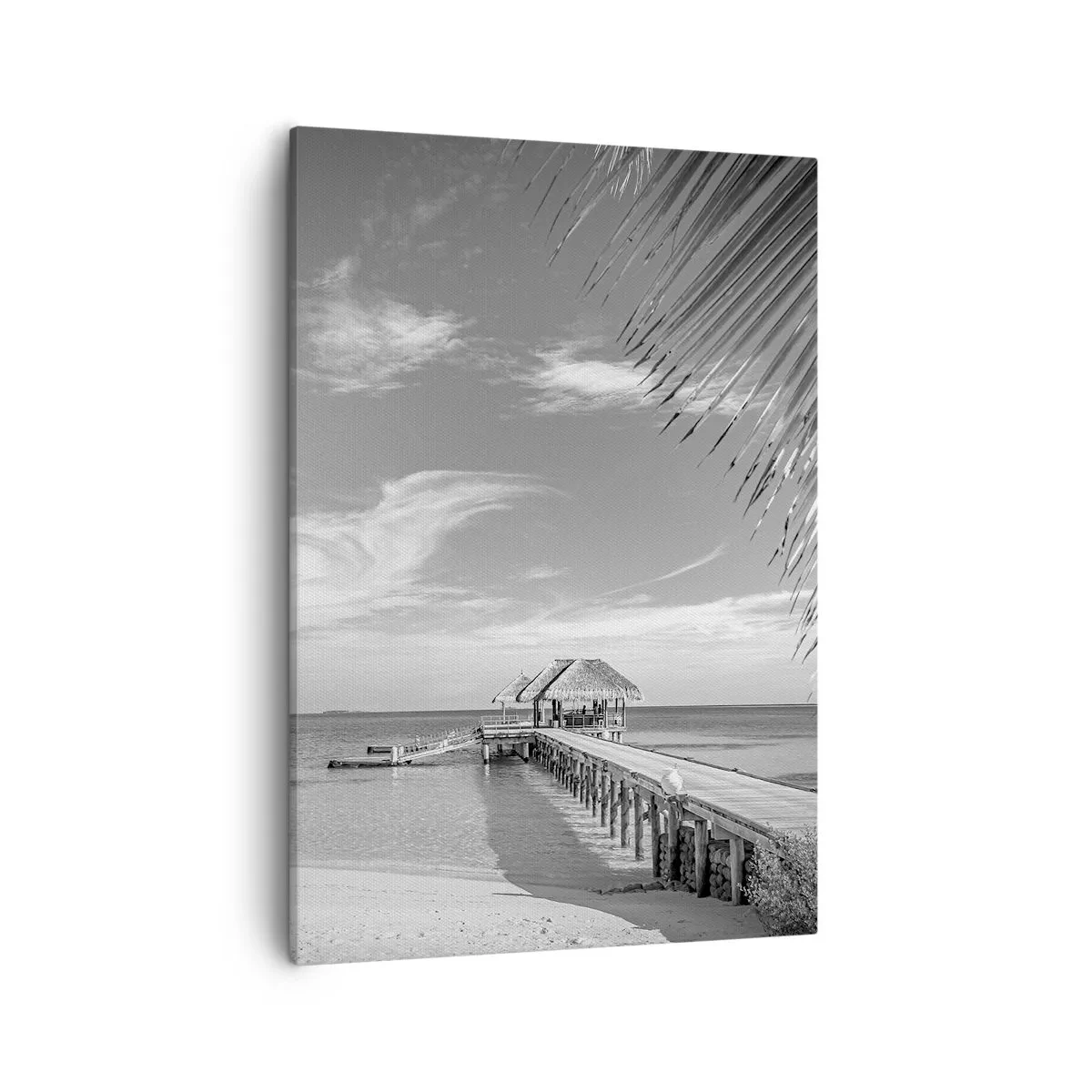 Impression sur toile - Image sur toile - Plage noire et blanche avec jetée et palmiers sur une côte tropicale - 50x70cm - Souvenirs ou rêve? - Décoration murale moderne pour le salon et la chambre ARTTOR
