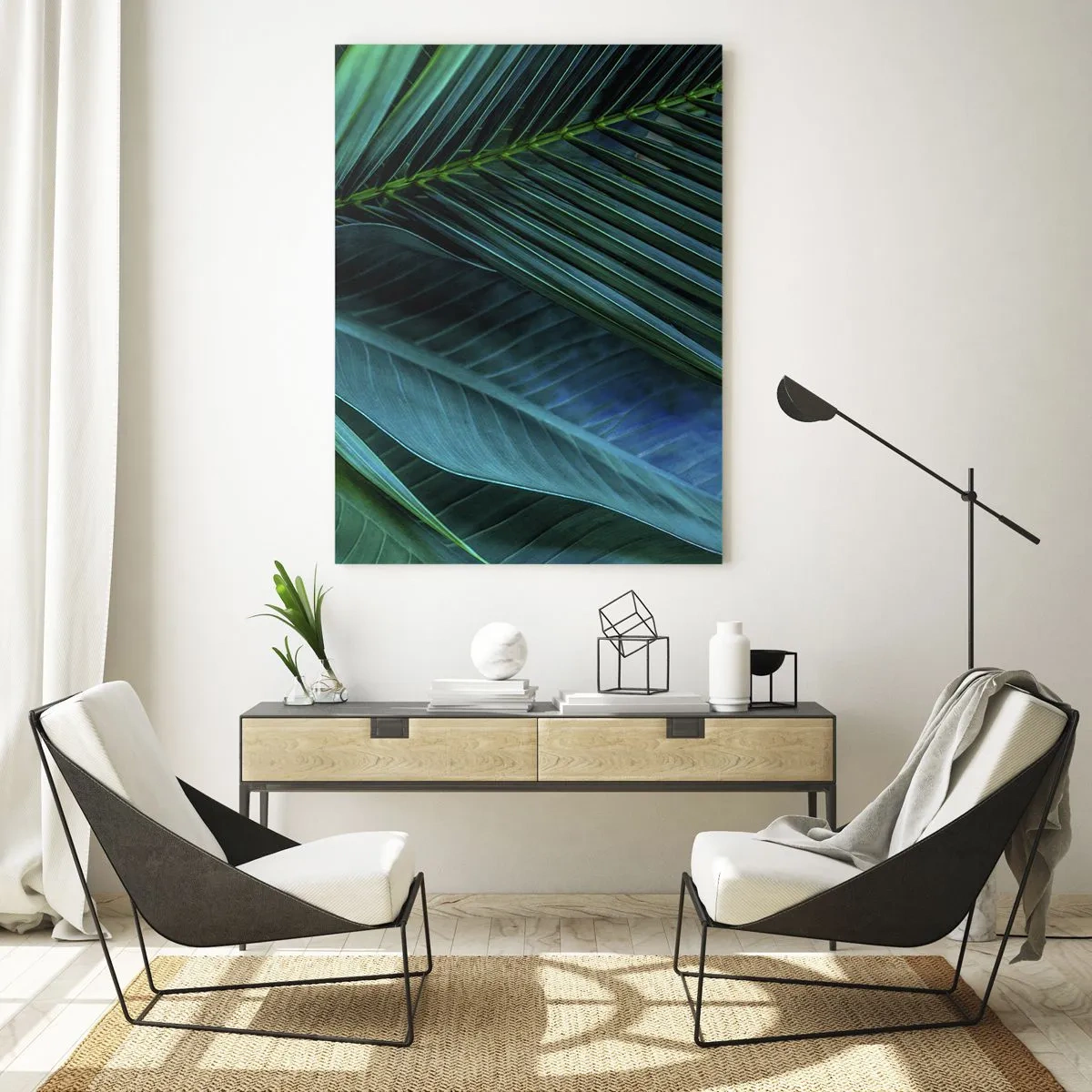 Impression sur verre - Image sur verre - Détails des feuilles tropicales vert foncé - 50x70cm - L'anatomie du vert - Décoration murale moderne pour le salon et la chambre ARTTOR